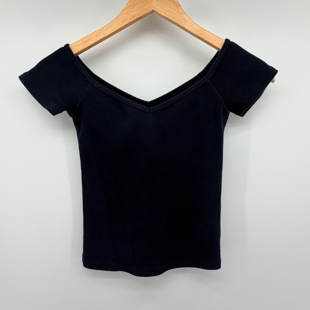 Abercrombie & Fitch Top Womens S Black Ribbed V-Neck Off Shoulder Short Sleeve